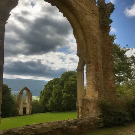 <lora:amazingarchitecture_labels:1>, a photo of amazingarchitecture, The ruins of an old church with a stained glass window and arched doorway, surrounded by trees and clouds in the sky., highly detailed, masterpiece, 8k