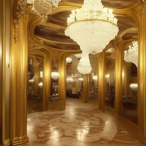 <lora:amazingarchitecture_labels:1>, amazingarchitecture, The room is decorated with intricate gold and silver designs on the walls, ceiling and floors. The chandeliers are made of crystal glasses hanging from the high ceilings. There are also large mirrors placed at both ends of the hallway reflecting the beauty of the ornate architecture.