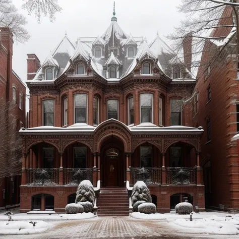 <lora:amazingarchitecture_labels:1>, a photo of amazingarchitecture, The buildings are made of brick and have many windows with ornate details on them. There is a car parked outside one of the buildings, covered in snow. The trees around it are also covered in snow., highly detailed, masterpiece, 8k