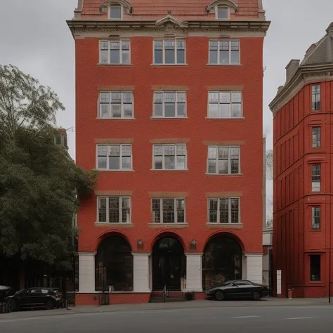 <lora:amazingarchitecture_labels:1>, a photo of amazingarchitecture, The building is a red brick and white building with large windows on each floor, including one at street level. There are two cars parked outside of it., highly detailed, masterpiece, 8k