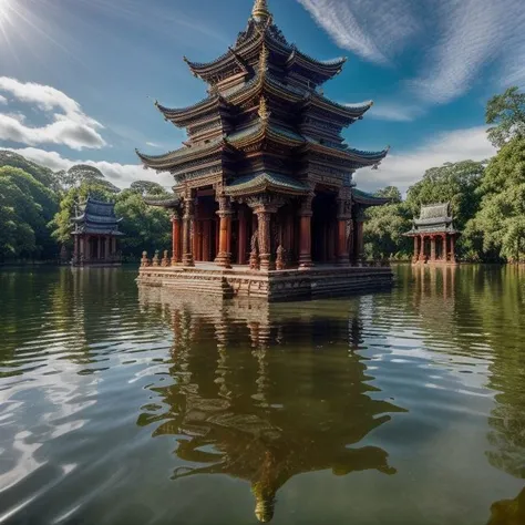 <lora:amazingarchitecture_labels:1>, a photo of amazingarchitecture, The image shows a large temple with intricate carvings and ornate architecture, surrounded by greenery and water bodies. The sky is clear blue with fluffy white clouds floating above it., highly detailed, masterpiece, 8k