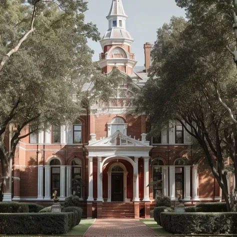 <lora:amazingarchitecture_labels:1>, a photo of amazingarchitecture, The building is a beautiful red brick structure with white columns and gold statues on top of it, surrounded by green trees and grassy lawns. It looks like an impressive place to visit., highly detailed, masterpiece, 8k