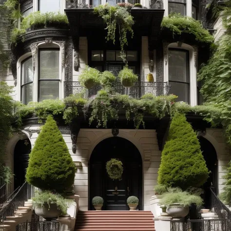 <lora:amazingarchitecture_labels:1>, a photo of amazingarchitecture, The building is a beautiful brownstone with black ironwork and white trim around its windows, doors, and balconies. The front steps are made of stone and lead up to an ornate doorway with a large window on either side. There's also a small garden area with greenery surrounding it., highly detailed, masterpiece, 8k