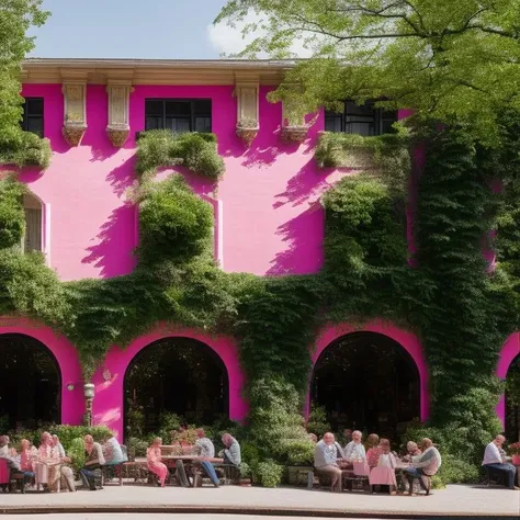<lora:amazingarchitecture_labels:1>, a photo of amazingarchitecture, The building is covered with greenery and has a pink facade, while people are sitting at tables outside eating food on the street below., highly detailed, masterpiece, 8k