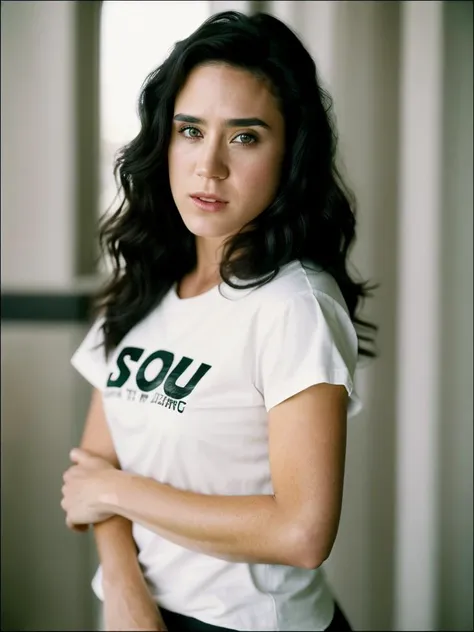 Realistic photo of a beautiful j3nn1f3rc-v2 woman, 1girl, solo, long hair, looking at viewer, black hair,shirt, upper body, white shirt, lips, crossed arms, realistic, soft lighting, professional Photography, Photorealistic, detailed, RAW, analog, sharp focus, 8k, HD, high quality, masterpiece<lora:j3nn1f3rc-v2:1.0>