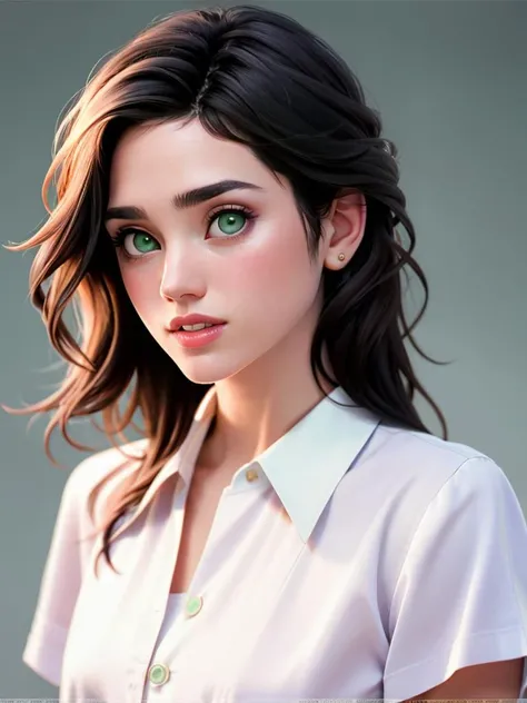 Realistic photo of a beautiful j3nn1f3rc-v2 woman, 1girl, solo, long hair, looking at viewer, simple background, shirt, black hair, white background, green eyes, white shirt, parted lips, teeth, lips, watermark, portrait, web address, realistic, nose, soft lighting, professional Photography, Photorealistic, detailed, RAW, analog, sharp focus, 8k, HD, high quality, masterpiece<lora:j3nn1f3rc-v2:1.0>