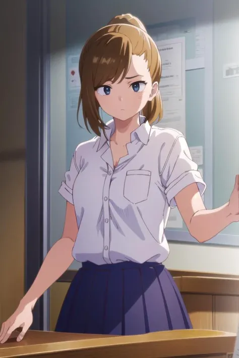 serinayoshida, <lora:serina yoshida s1-lora-nochekaiser:1>,
serina yoshida, brown hair, ponytail, (black eyes:1.5),
BREAK skirt, shirt, school uniform, white shirt, short sleeves, pleated skirt, collared shirt, blue skirt,
BREAK indoors, classroom,
BREAK looking at viewer, (cowboy shot:1.5),
BREAK <lyco:GoodHands-beta2:1>, (masterpiece:1.2), best quality, high resolution, unity 8k wallpaper, (illustration:0.8), (beautiful detailed eyes:1.6), extremely detailed face, perfect lighting, extremely detailed CG, (perfect hands, perfect anatomy),