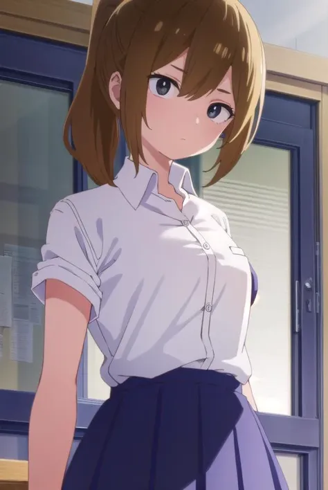 serinayoshida, <lora:serina yoshida s1-lora-nochekaiser:1>,
serina yoshida, brown hair, ponytail, (black eyes:1.5),
BREAK skirt, shirt, school uniform, white shirt, short sleeves, pleated skirt, collared shirt, blue skirt,
BREAK indoors, classroom,
BREAK looking at viewer, (cowboy shot:1.5),
BREAK <lyco:GoodHands-beta2:1>, (masterpiece:1.2), best quality, high resolution, unity 8k wallpaper, (illustration:0.8), (beautiful detailed eyes:1.6), extremely detailed face, perfect lighting, extremely detailed CG, (perfect hands, perfect anatomy),