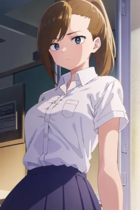 serinayoshida, <lora:serina yoshida s1-lora-nochekaiser:1>,
serina yoshida, brown hair, ponytail, (black eyes:1.5),
BREAK skirt, shirt, school uniform, white shirt, short sleeves, pleated skirt, collared shirt, blue skirt,
BREAK indoors, classroom,
BREAK looking at viewer, (cowboy shot:1.5),
BREAK <lyco:GoodHands-beta2:1>, (masterpiece:1.2), best quality, high resolution, unity 8k wallpaper, (illustration:0.8), (beautiful detailed eyes:1.6), extremely detailed face, perfect lighting, extremely detailed CG, (perfect hands, perfect anatomy),