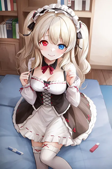 1girl, solo,  hasegawa kobato, heterochromia, dynamic angle, smile, stuffed toy, frilled dress, frilled headwear,   <lora:kobato:0.8>
