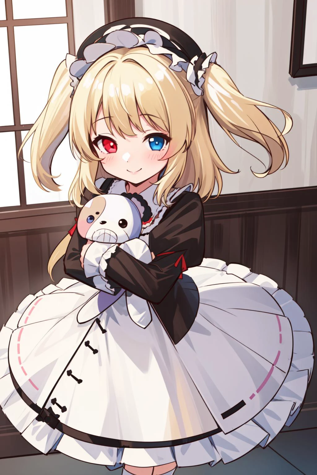 1girl, solo, hasegawa kobato, heterochromia, blonde hair, dynamic angle, smile, stuffed toy, frilled dress, frilled headwear, indoors, detailed background, <lora:kobato:0.8>