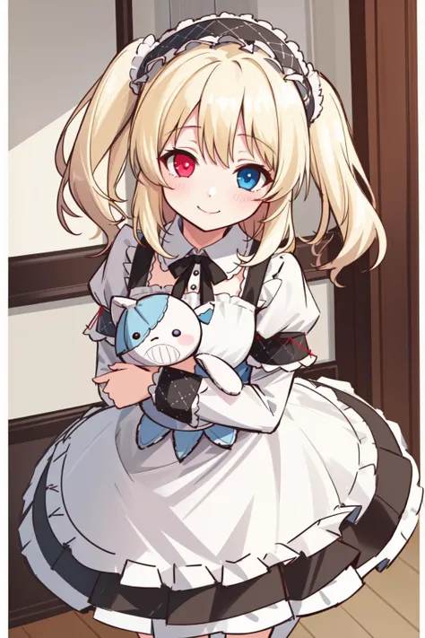 1girl, solo, hasegawa kobato, heterochromia, blonde hair, dynamic angle, smile, stuffed toy, frilled dress, frilled headwear, indoors, detailed background, <lora:kobato:0.8>