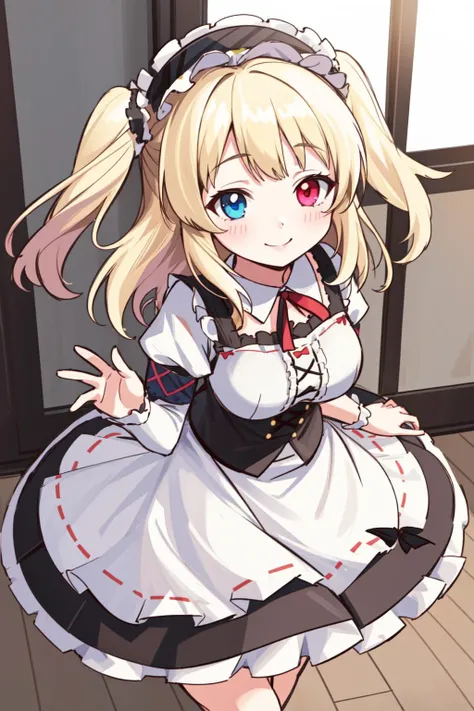 1girl, solo, hasegawa kobato, heterochromia, blonde hair, dynamic angle, smile, frilled dress, frilled headwear, indoors, detailed background, <lora:kobato:0.8>