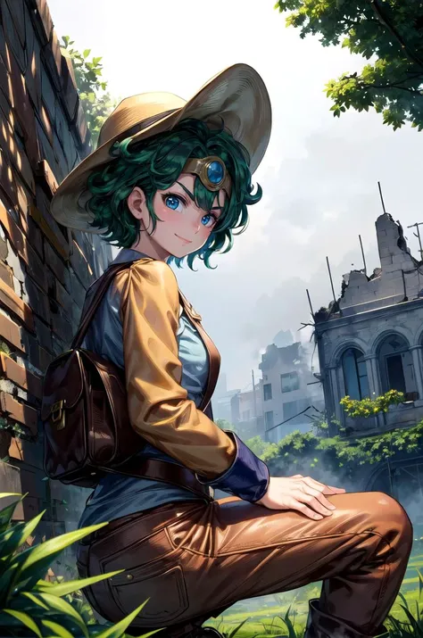 (masterpiece, best quality, detailed), 1girl, solo, looking at viewer, heroine, circlet, curly hair, green hair, short hair,
fedora, brown headwear, brown pants, black belt, cowboy hat, brown jacket, leather jacket, indiana jones, white shirt, satchel, ruins, overgrown, rubble, pillar, outdoors, building, light rays, fog, fisheye, squatting, from side, smile, closed mouth, v-shaped eyebrows