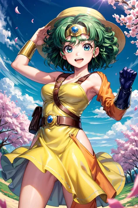 tatsumaki,Short green hair,Hip-baring robe,Grass amusement park,solid blue background,Cute style,having fun,Fleshy thighs