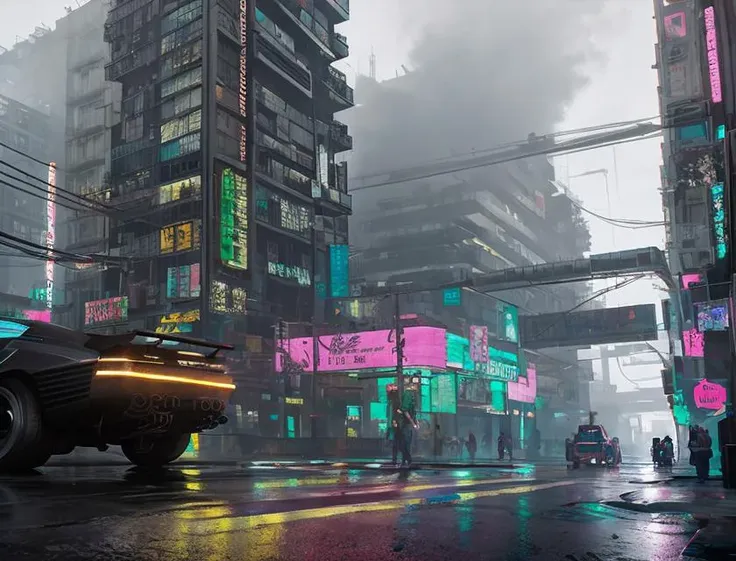 (dark theme:0.9),  city street, cyberpunk 2077 <lora:Cyberpunk 2077:0.7>, (hdr:1.22), muted colors, complex background, hyperrealism, hyperdetailed, amandine van ray