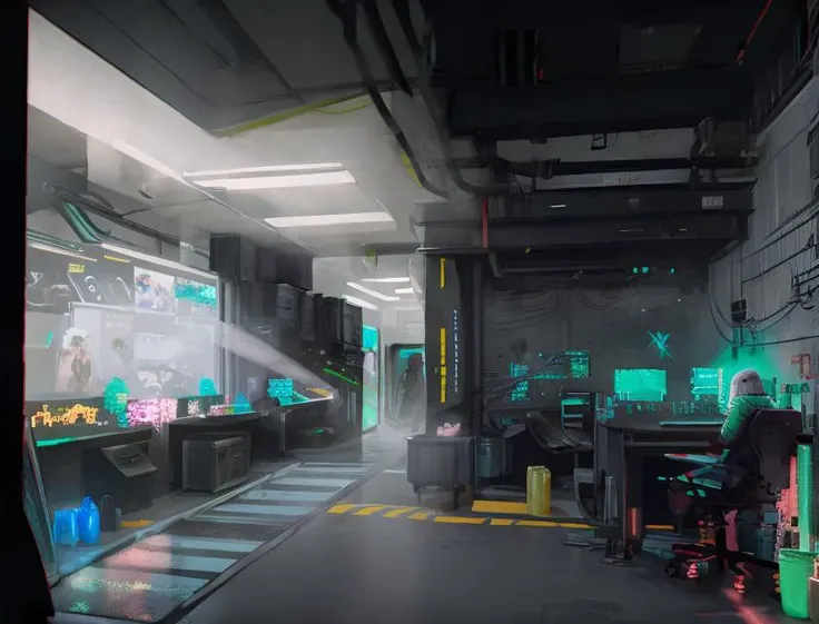 (dark theme:0.9), (indoor med lab:1.2), complex background, cyberpunk 2077 <lora:Cyberpunk 2077:1>, (hdr:1.22), muted colors, complex background, hyperrealism, hyperdetailed, amandine van ray