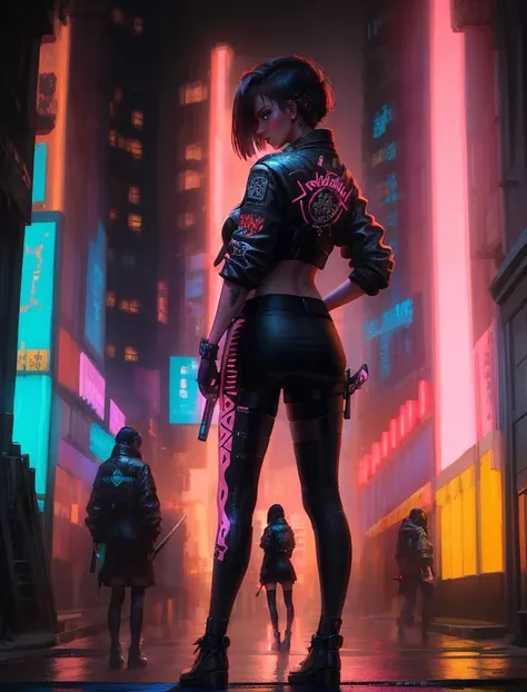girl, standing on the street, holding a katana in her hand, cyberpunk 2077, complex background, night, neon lights, dramatic light <lora:Cyberpunk 2077:0.7>