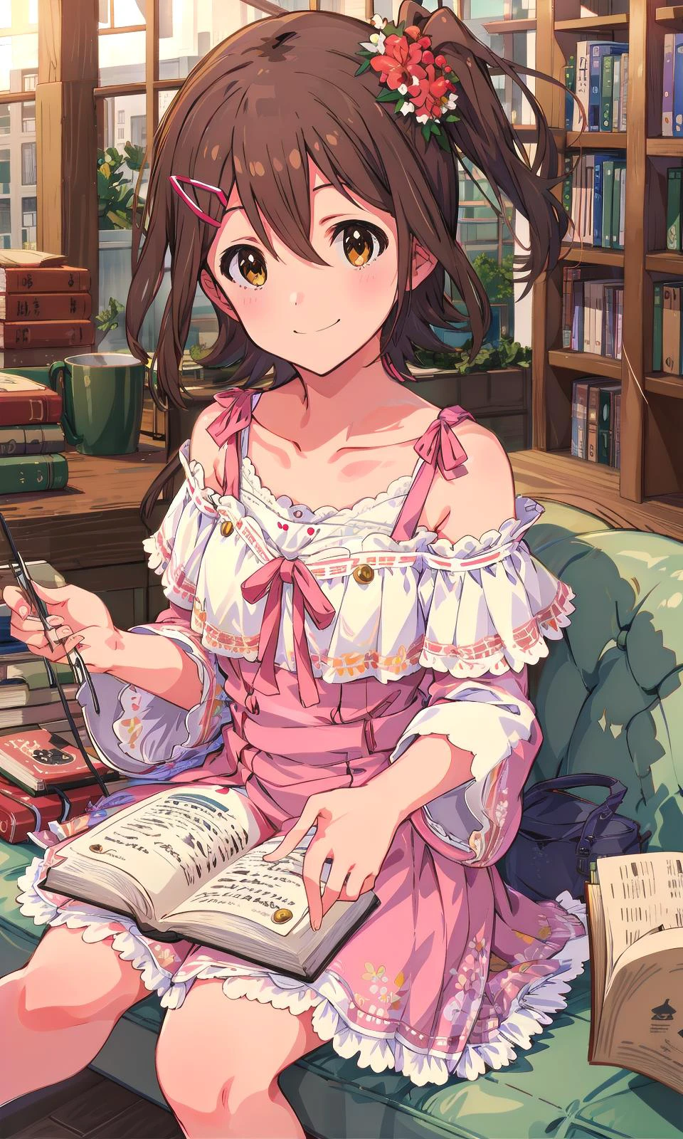 mirai kasuga (million live), (best quality, 8K, masterpiece, ultra detailed:1.2), wide shot, depth of field,
indoor, book, library,
1girl, solo, collarbone, wind, floating hair, slight smile, hairclip, sitting, looking at viewer,