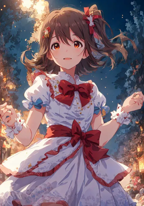 mirai kasuga (million live), (best quality, 8K, masterpiece, ultra detailed:1.2), detailed background,
beautiful illustration, best quality, cute petit girl, (transform sequence), transform magical girl, white magical girl, fractal art, albino, babyface, beautiful detailed red eyes, cinematic lighting, cowboy shot, looking at viewer, from bottom, happy