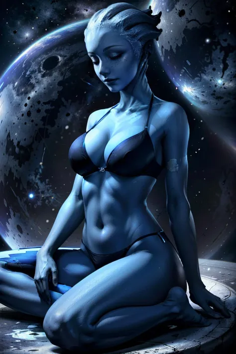 ((masterpiece:1.3), (best quality:1.3), <lora:add_detail:0.5>, <lora:epi_noiseoffset2:1>, <lora:LiaraME:0.9>
LiaraME,blue skin,alien, 1girl, solo, breasts, smile, large breasts, navel, cleavage, medium breasts, sitting, underwear, swimsuit, closed eyes, bikini, sky, barefoot, bra, lips, underboob, colored skin, monster girl, bikini top only, blue theme, realistic, nose, blue skin, scales, space, giant, planet, alien, earth (planet)