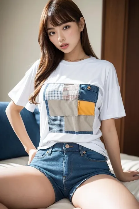 1girl,sexy pose,best quality,masterpiece,illustration,an extremely delicate and beautiful,CG,unity,8k wallpaper,Amazing,finely detail,masterpiece,official art,extremely detailed CG unity 8k wallpaper,incredibly absurdres,huge filesize,ultra-detailed,highres,extremely detailed,beautiful detailed girl,realistic,full frontal,hotel room,<lora:Uchida Rio_20230816092338-000001:0.8>,(Oversized_graphic_tee:1.5),(Denim_shorts_with_patchwork:1.4),(Canvas_high-top_sneakers:1.3),