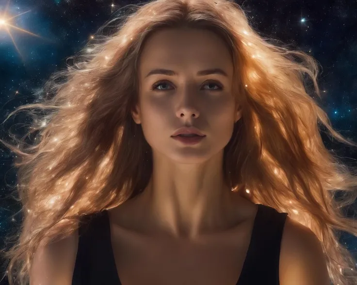 enokaeva, <lora:EnokaevaXL2:1>, woman, head only, no body, floating in the universe, glowing hair, long hair, floating hair, messy hair, looking at the viewer, meaningfull expression, smirk, space, universe, stars, shooting stars, star rain, planets, milkyway, comets, surreal, grotesque, multiple suns in background, black hole