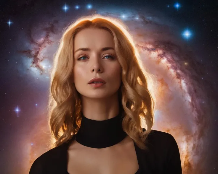 enokaeva, <lora:EnokaevaXL2:1>, woman, head only, floating in the universe, glowing hair, looking at the viewer, meaningfull expression, space, universe, stars, planets, milkyway, surreal, grotesque, multiple suns in background,