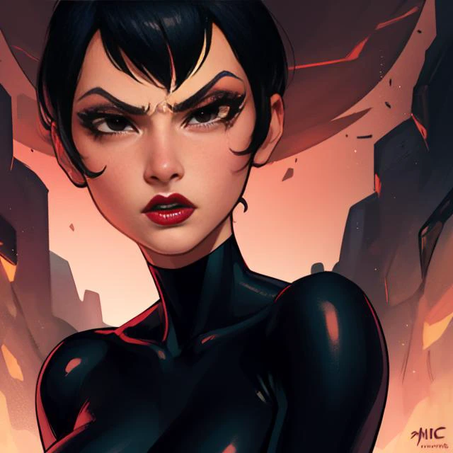 Ashi , short black hair, pointy hair, red lipstick,black eyes, serious expression, close up,
dark caves, red lighting, dark corners,
(insanely detailed, beautiful detailed face, masterpiece, best quality)
<lora:Ashi:0.8>