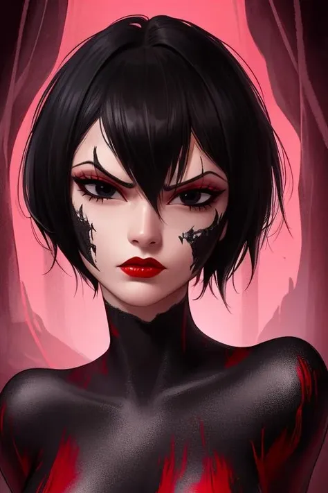 Ashi , short black hair, pointy hair, red lipstick,black eyes, serious expression, cowboy shot,
 Asui, dark caves, red lighting, dark corners, black body paint, 
 (insanely detailed, beautiful detailed face, masterpiece, best quality) 
 <lora:Ashi-10x3:0.7>