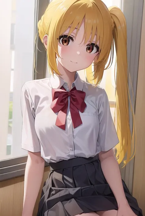 nijikaijichi, <lyco:nijikaijichi-lyco-nochekaiser:1>, 
nijika ijichi, ahoge, (yellow hair:1.5), (brown eyes:1.5), long hair, one side up, (flat chest:1.2), smile,
BREAK (black skirt:1.5), bow, bowtie, collared shirt, pleated skirt, polka dot, polka dot bow, red bow, (red bowtie:1.5), red footwear, shirt, shoes, short sleeves, skirt, socks, (white shirt:1.5), white socks,
BREAK indoors, classroom,
BREAK looking at viewer, (cowboy shot:1.5), 
BREAK <lyco:GoodHands-beta2:1>, (masterpiece:1.2), best quality, high resolution, unity 8k wallpaper, (illustration:0.8), (beautiful detailed eyes:1.6), extremely detailed face, perfect lighting, extremely detailed CG, (perfect hands, perfect anatomy),