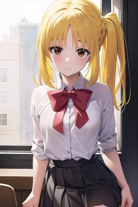 nijikaijichi, <lyco:nijikaijichi-lyco-nochekaiser:1>, 
nijika ijichi, ahoge, (yellow hair:1.5), (brown eyes:1.5), long hair, one side up, (flat chest:1.2), smile,
BREAK (black skirt:1.5), bow, bowtie, collared shirt, pleated skirt, polka dot, polka dot bow, red bow, (red bowtie:1.5), red footwear, shirt, shoes, short sleeves, skirt, socks, (white shirt:1.5), white socks,
BREAK indoors, classroom,
BREAK looking at viewer, (cowboy shot:1.5), 
BREAK <lyco:GoodHands-beta2:1>, (masterpiece:1.2), best quality, high resolution, unity 8k wallpaper, (illustration:0.8), (beautiful detailed eyes:1.6), extremely detailed face, perfect lighting, extremely detailed CG, (perfect hands, perfect anatomy),