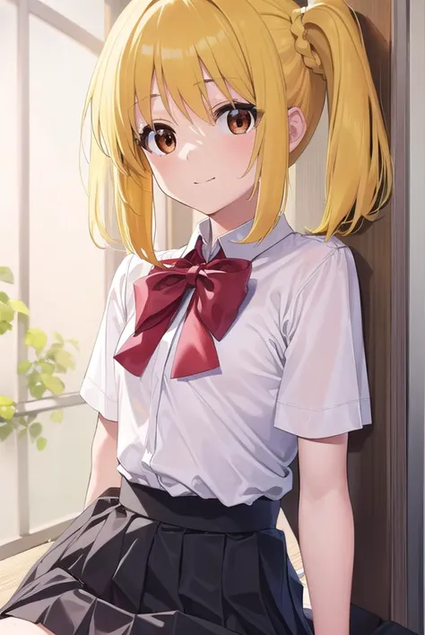 nijikaijichi, <lyco:nijikaijichi-lyco-nochekaiser:1>, 
nijika ijichi, ahoge, (yellow hair:1.5), (brown eyes:1.5), long hair, one side up, (flat chest:1.2), smile,
BREAK (black skirt:1.5), bow, bowtie, collared shirt, pleated skirt, polka dot, polka dot bow, red bow, (red bowtie:1.5), red footwear, shirt, shoes, short sleeves, skirt, socks, (white shirt:1.5), white socks,
BREAK indoors, classroom,
BREAK looking at viewer, (cowboy shot:1.5), 
BREAK <lyco:GoodHands-beta2:1>, (masterpiece:1.2), best quality, high resolution, unity 8k wallpaper, (illustration:0.8), (beautiful detailed eyes:1.6), extremely detailed face, perfect lighting, extremely detailed CG, (perfect hands, perfect anatomy),