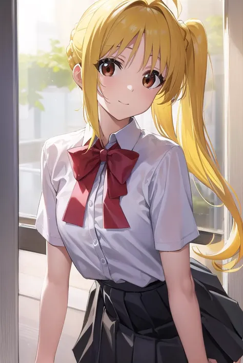 nijikaijichi, <lyco:nijikaijichi-lyco-nochekaiser:1>, 
nijika ijichi, ahoge, (yellow hair:1.5), (brown eyes:1.5), long hair, one side up, (flat chest:1.2), smile,
BREAK (black skirt:1.5), bow, bowtie, collared shirt, pleated skirt, polka dot, polka dot bow, red bow, (red bowtie:1.5), red footwear, shirt, shoes, short sleeves, skirt, socks, (white shirt:1.5), white socks,
BREAK indoors, classroom,
BREAK looking at viewer, (cowboy shot:1.5), 
BREAK <lyco:GoodHands-beta2:1>, (masterpiece:1.2), best quality, high resolution, unity 8k wallpaper, (illustration:0.8), (beautiful detailed eyes:1.6), extremely detailed face, perfect lighting, extremely detailed CG, (perfect hands, perfect anatomy),