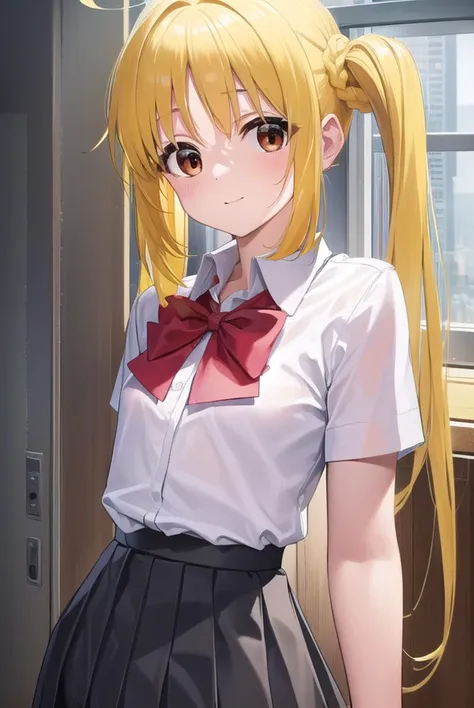 nijikaijichi, <lyco:nijikaijichi-lyco-nochekaiser:1>, 
nijika ijichi, ahoge, (yellow hair:1.5), (brown eyes:1.5), long hair, one side up, (flat chest:1.2), smile,
BREAK (black skirt:1.5), bow, bowtie, collared shirt, pleated skirt, polka dot, polka dot bow, red bow, (red bowtie:1.5), red footwear, shirt, shoes, short sleeves, skirt, socks, (white shirt:1.5), white socks,
BREAK indoors, classroom,
BREAK looking at viewer, (cowboy shot:1.5), 
BREAK <lyco:GoodHands-beta2:1>, (masterpiece:1.2), best quality, high resolution, unity 8k wallpaper, (illustration:0.8), (beautiful detailed eyes:1.6), extremely detailed face, perfect lighting, extremely detailed CG, (perfect hands, perfect anatomy),