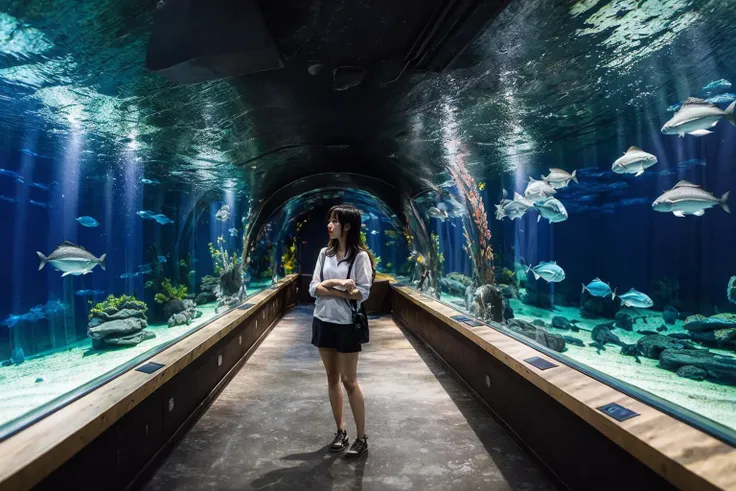 1girl,  ultra high res,(realistic:1.3)), deep shadow,(best quality, masterpiece), pale skin, dimly lit, shade, highly detailed, depth of field, film grain, looking at viewer, aquarium, (full body:1.2), 
 <lora:aquarium-000008:0.7>, (masterpiece,best quality:1.5)