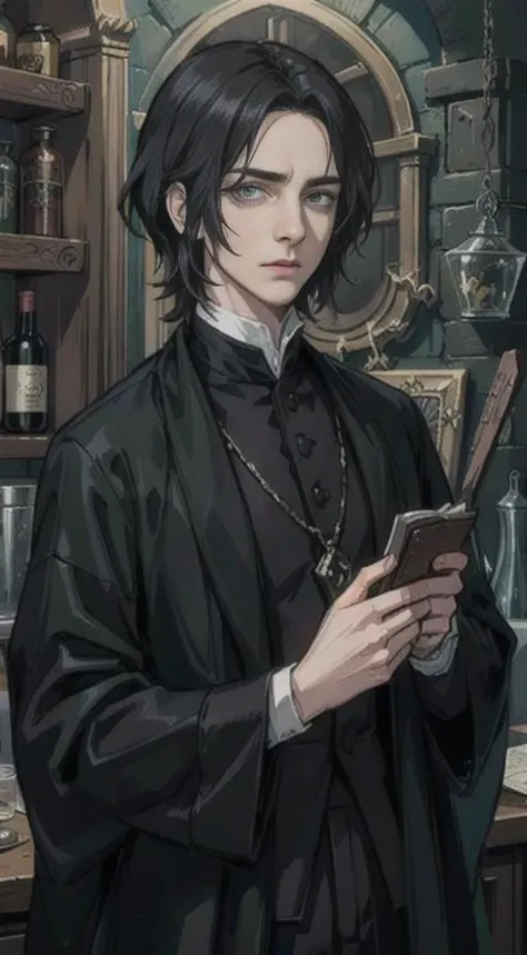 (ridiculous, high resolution, super detailed), 1 male, mature, manly, tall muscular, handsome, delicate eyes, intricate detail, looking down, solo, 16 year old,upper body,straight hair, black hair,middle parted hair, medium hair, detailed background, detailed face, (Renaissance theme: 1.1), charlatan, wearing (color: 0.7) hogwarts school uniform, slytherin,,wizard, cellar, interior, messy and dirty kitchen, old rags books, kitchen mortar, steaming iron pots, poisons, incense, small boxes on shelves, herbs, moss, dried plants, mushrooms, vials, potions, beads, spellcasting, (black: 0.7) magic smoke, floating particles, Dark and sinister atmosphere, dim lights,beardless, young, serious <lora:hogsksv2:0.5> <lora:snape_v1.0:0.5>Severus Snape,