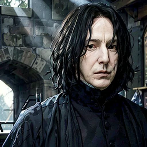 severus snape, muscular male, high quality in black leather jacket, portrait 8k,in dark forest, black hair, <lora:snape_v1.0:1>