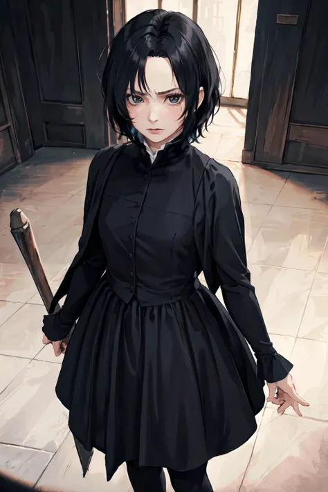 (best quality, masterpiece, RAW photo,ultra-detailed:1.2), <lyco:GoodHands-beta2:1.0>,1girl, looking at viewer, ungry,
<lyco:snape_v1.0:0.6>Severus Snape, GS-Girlish, black dress, black long skirt, wizard, black tigh high, from above,magic, standing,