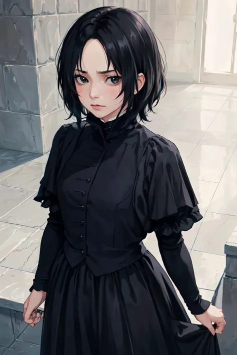 (best quality, masterpiece, RAW photo,ultra-detailed:1.2), <lyco:GoodHands-beta2:1.0>,1girl, looking at viewer, ungry,
<lyco:snape_v1.0:0.6>Severus Snape, GS-Girlish, black dress, black long skirt, wizard, black tigh high, from above,magic, standing,