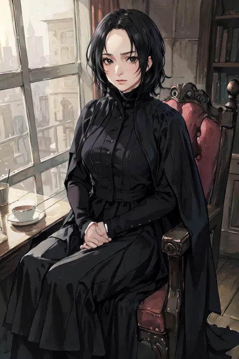 (best quality, masterpiece, RAW photo,ultra-detailed:1.2), <lyco:GoodHands-beta2:1.0>,1girl, looking at viewer,
<lyco:snape_v1.0:0.8>Severus Snape, GS-Girlish, large breasts, black dress, black long skirt, wizard, sitting chair,black tigh high, from above,
