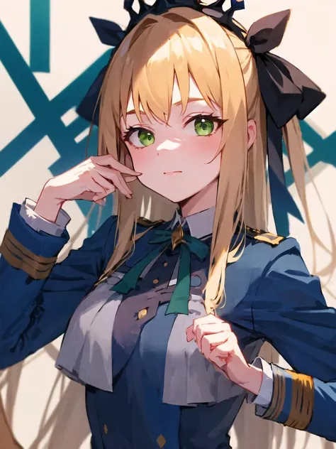 <lora:blueLycorisUniform_v1:1> lycoris_uniform,  1girl,  blonde hair, hair ornament, crown,  ribbon, very long hair,  green eyes, <lora:fischlGenshinImpact2in1_v10:0.8>