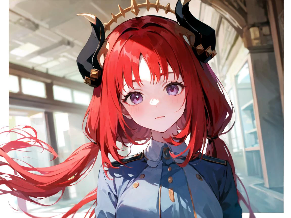 <lora:blueLycorisUniform_v1:1> lycoris_uniform, <lora:nilouGenshinImpact_v10:1> 1girl, red hair, long hair, low twintails, horns,