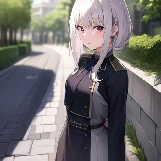 masterpiece, best quality, 1girl, white hair, lycoris_uniform, in street, <lora:qqq-lr-v1-000018:1>