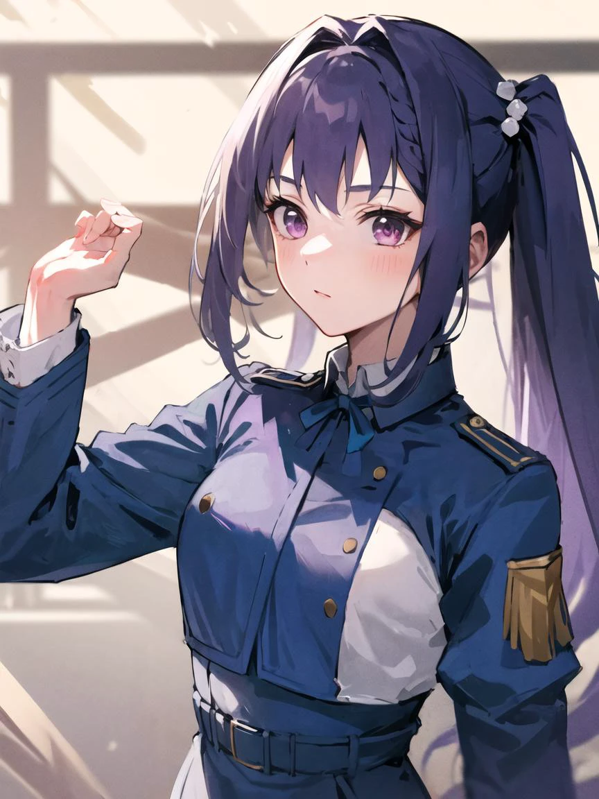 <lora:blueLycorisUniform_v1:1> lycoris_uniform, 1girl, <lora:keqingGenshinImpact3in1_v10:0.9>, purple hair, hair ornament, twintails, braid, very long hair, close up