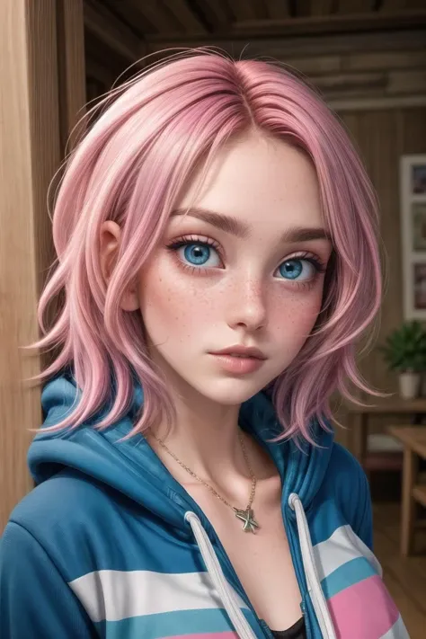 1gir, (close up), Tori Xvoor, 1girl, solo, looking at viewer, blue eyes, indoors, upper body, jewelry, pink hair, parted lips, hood, necklace, lips, hoodie, hood down, portrait, freckles, realistic, <lora:ToriXvoor:0.4>, <lora:add_detail:0.5> <lora:background_detail_enhanced_simplified:0.8> <lora:more_details:0.5> <lora:colorify:1>