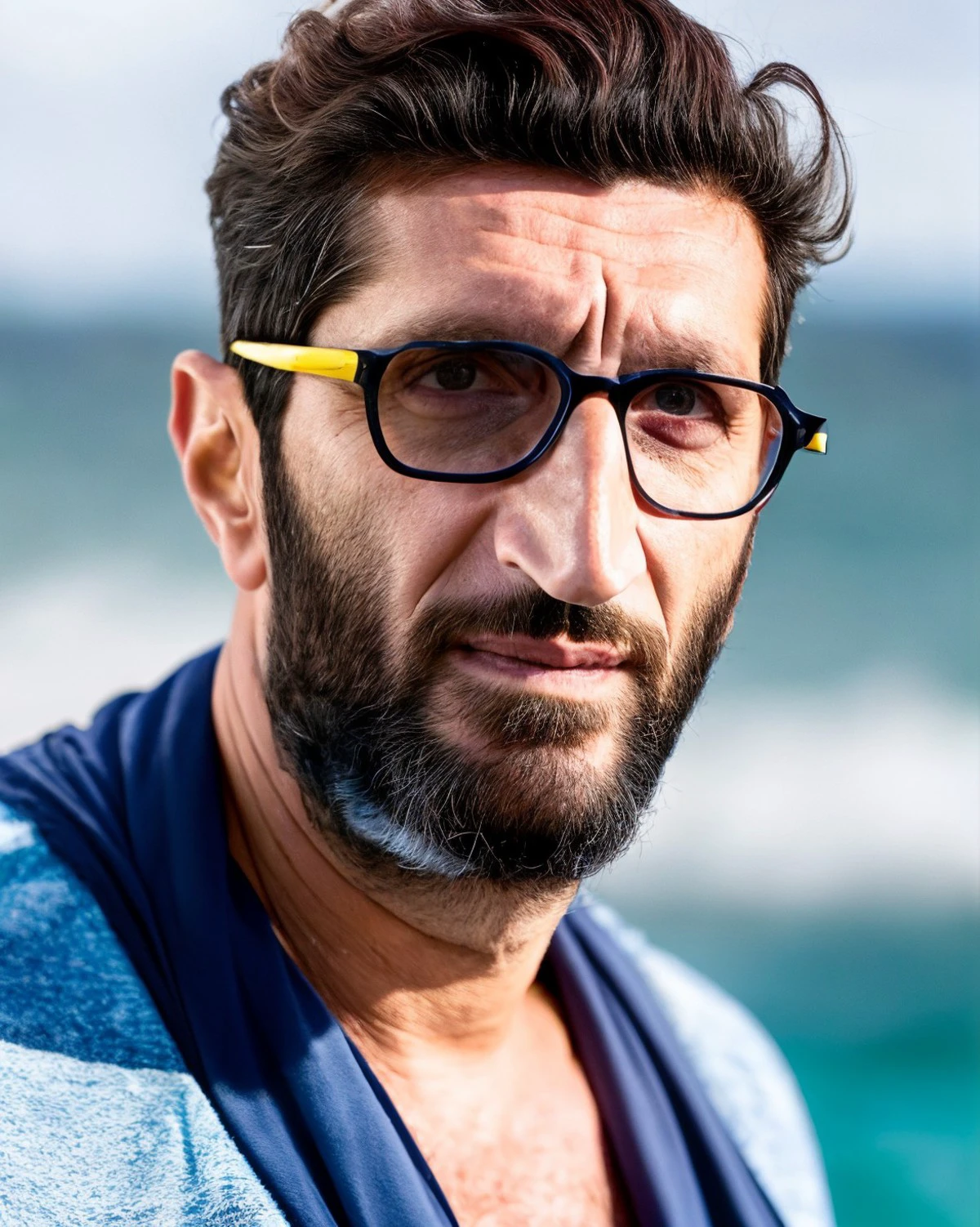 portrait photo of (Fares Fares:1.3) standing at the beach, big (long:1.2) (scruffy:1.1) (beard:1.2), 50 years old, long male pink hair, reading glasses, scarf, (windy:1.2), shoulders, skin detail, pores, beautiful eyes, studio light, natural lighting, 4k uhd, dslr, soft lighting, high quality, Fujifilm XT3 <lora:Fares_FaresSD15_v1a-000015:0.85>