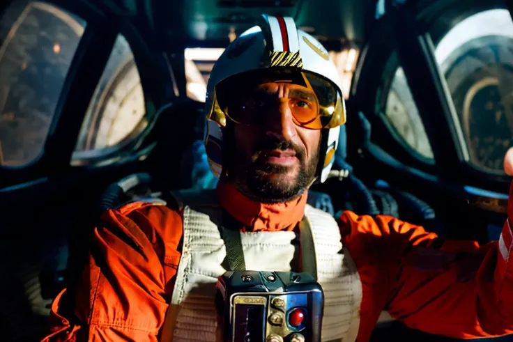 Fares Fares man with a helmet wearing a rebel pilot suit taking a selfie, inside a cockpit with one big wide panel (curved oval windows:1.2) showing the dark space, bright stars 4k uhd, dslr, soft light, high quality, Fujifilm XT3  <lora:RPSV3:0.8>  <lora:Fares_FaresSD15:0.68>  <lora:epiNoiseoffset_v2:1.8>