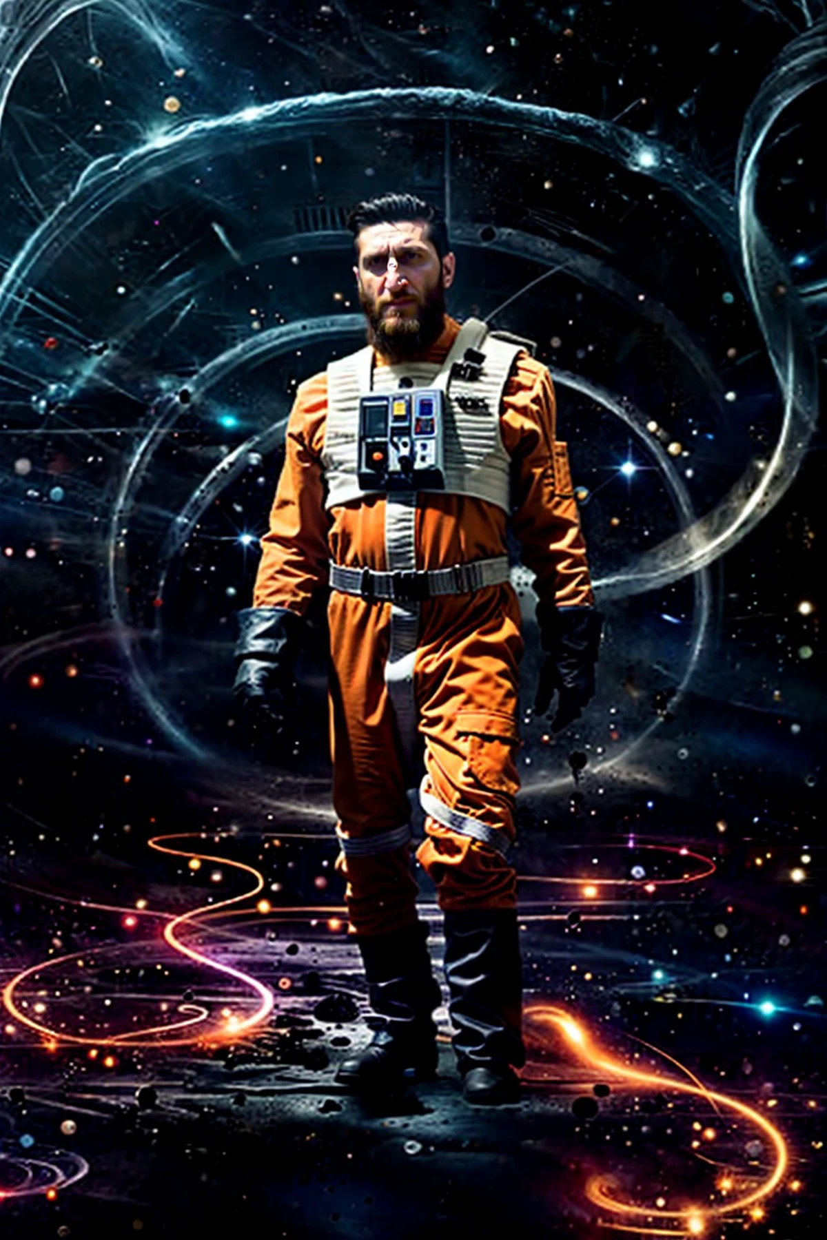 (Fares Fares:1.2) a man with a (slicked-back hair:1.3) wearing a (orange:0.2) (rebel pilot suit:1.2), dark space, bright stars, (full:1.2) (long:0.5) (squarish:1.2) big (beard:1.2), devilish (confident looking down:1.2), (a circle of swirling psionicmagic, psychic energy, mana flow, shimmers, magic filament thread:1.1) is around his body, 4k uhd, dslr, soft light, high quality, Fujifilm XT3 <lora:RPSV3:0.82> <lora:Fares_FaresSD15:0.75> <lora:epiNoiseoffset_v2:1.0> <lora:PsionicMagic-20:0.65> <lora:weight_slider_v2:-1.8> <lora:detail_slider_v4:-1.0>