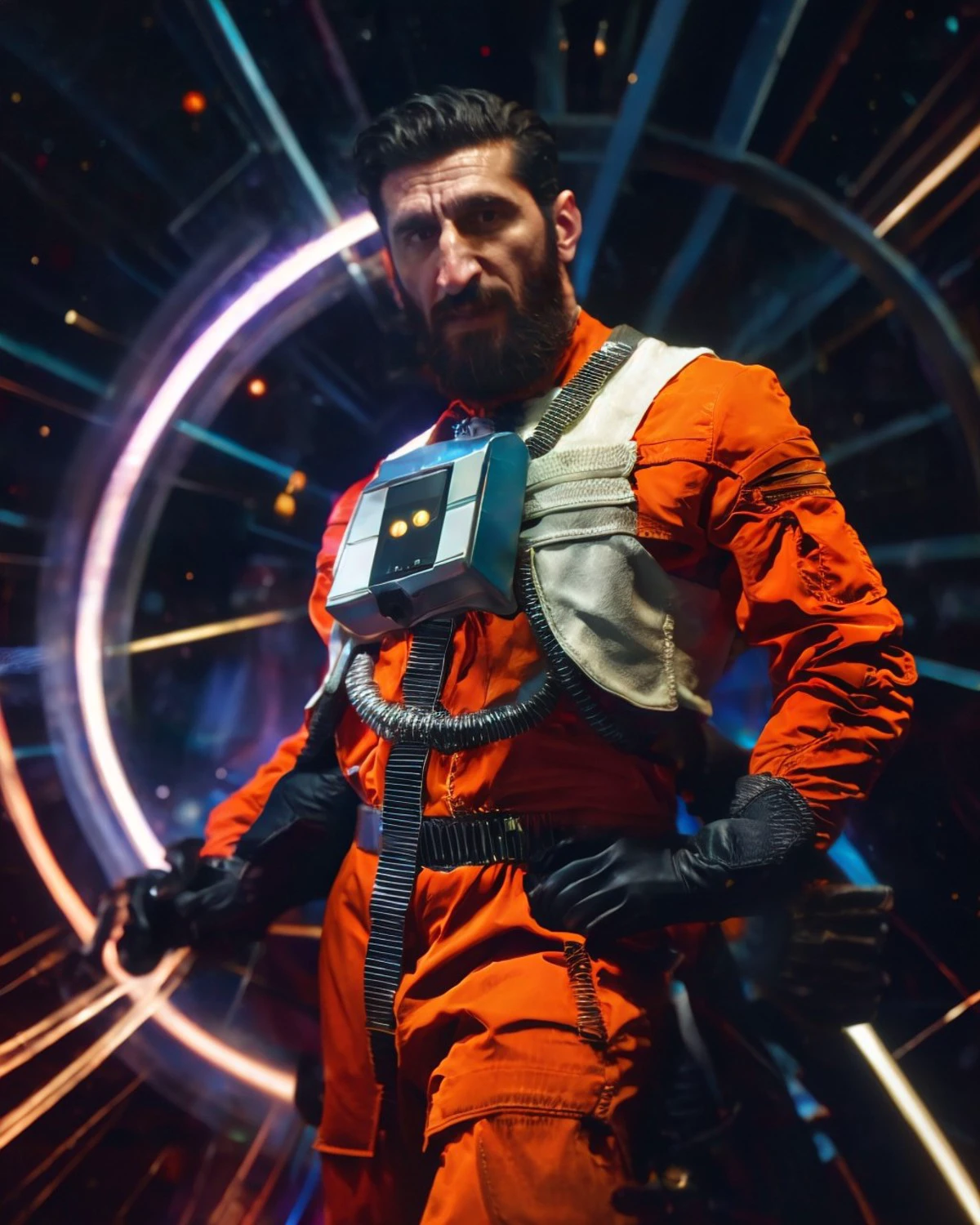(Fares Fares:1.2) a man with a (slicked-back hair:1.3) wearing a (orange:0.2) (rebel pilot suit:1.2), dark space, bright stars, (full:1.2) (long:0.5) (squarish:1.2) big (beard:1.2), devilish (confident looking down:1.2), (a circle of swirling psionicmagic, psychic energy, mana flow, shimmers, magic filament thread:1.1) is around his body, 4k uhd, dslr, soft light, high quality, Fujifilm XT3 <lora:RPSV3:0.7> <lora:Fares_FaresSD15:0.75> <lora:epiNoiseoffset_v2:1.0> <lora:PsionicMagic-20:0.5> <lora:weight_slider_v2:-0.9> <lora:detail_slider_v4:1.4>